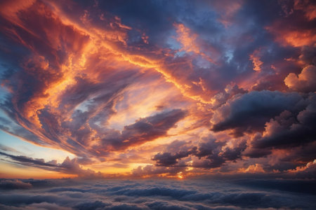 A fiery sunset and colorful clouds in the skyの素材