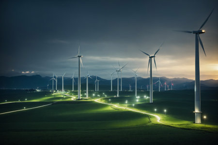 Wind turbines and solar panels generate electricity in a green energy power stationの素材