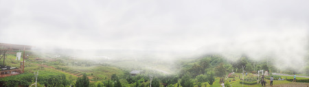Landscape misty panorama,Fantastic dreamy sunrise on rocky mountains with view into misty valley below,mountain with blue sky and cloud at Khao Kho Phetchabun Thailandの写真素材
