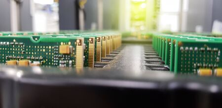 Electronics Manufacturing Services, Assembly Of Circuit Board arrangement, close-up of the raw of PCBA in tray.の写真素材