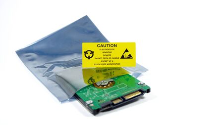 Yellow caution label stick on plastic bag,The yellow CAUTION label for Electrostatic Sensitive...