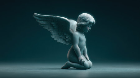 A small angel statue is sitting on the ground. The statue is made of stone and has a child-like appearance. The statue is sitting on a dark surface, which gives it a mysterious and solemn moodの素材