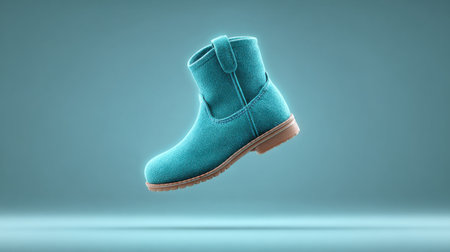 A blue boot with a furry sole is shown in mid-air. The boot is the main focus of the image, and it is a unique and eye-catching design. The blue color of the boot contrasts with the blue backgroundの素材