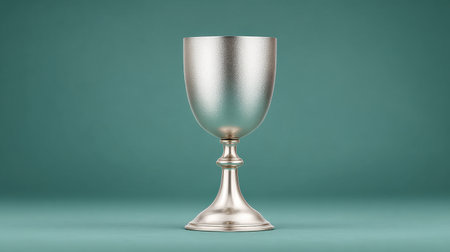 A silver cup with a green background. The cup is empty and has a shiny surface. Concept of elegance and sophisticationの素材