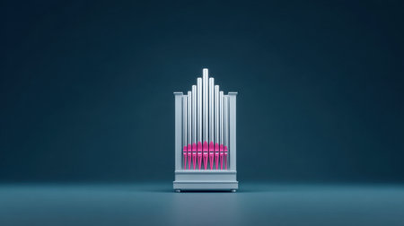 A white organ with pink keys sits on a blue background. The organ is surrounded by pink keys, which are arranged in a row. The image has a whimsical and playful moodの素材