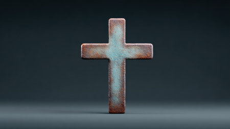 A cross made of metal and stone is shown in a dark background. The cross is old and worn, giving it a sense of history and reverenceの素材