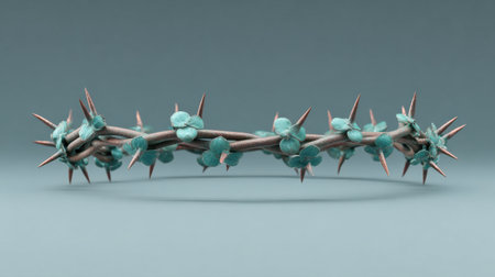 A wreath made of thorns and leaves. The thorns are sharp and pointy, giving the wreath a menacing appearance. The leaves are green and add a touch of color to the otherwise dark and ominous designの素材