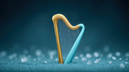 A blue and gold harp is shown on a grassy field. The harp is the main focus of the image, and it is a beautiful and elegant instrumentの素材