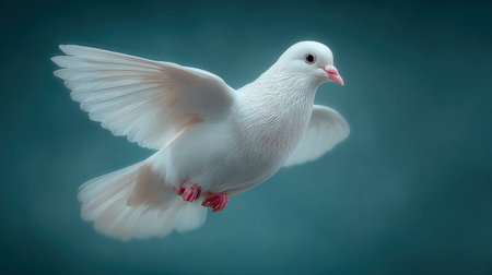 A white dove is flying in the sky. The bird is the color white and has red feetの素材