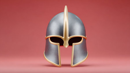 A helmet with gold trim sits on a red background. The helmet is made of metal and has a gold trimの素材