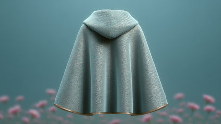 A blue hooded cloak is shown in a blue background. The hood is open and the fabric is draped over the back. The image has a dreamy, ethereal quality to it, as if the cloak is floating in the airの素材
