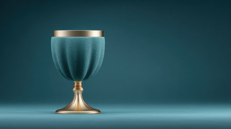 A gold and blue wine glass with a blue base. The glass is sitting on a blue backgroundの素材