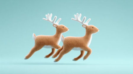 Two stuffed deer running on a blue background. The deer are brown and whiteの素材