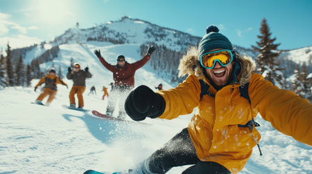 A group of friends snowboarding together, laughing and enjoying the snowy mountain terrainの素材