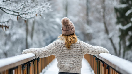 A woman in a cozy sweater and hat, standing on a snowy bridge, looking out over a frozen riverの素材