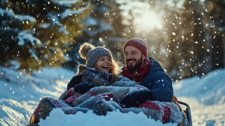 couple enjoying a sleigh ride through the snow, wrapped in blankets and dressed warmlyの素材