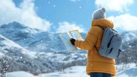 A solo traveler in a puffy coat, holding a map and enjoying the snowy winter sceneryの素材