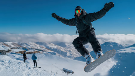 A snowboarder jumping in the air with a snowboard in hand, enjoying a day at the slopesの素材