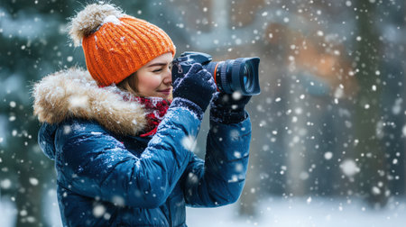 A woman traveler in a winter hat and coat, holding a camera, ready to capture snowy landscapesの素材