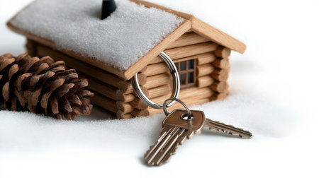 A cozy winter cabin keychain, isolated on a white background, representing winter tourism getawaysの素材
