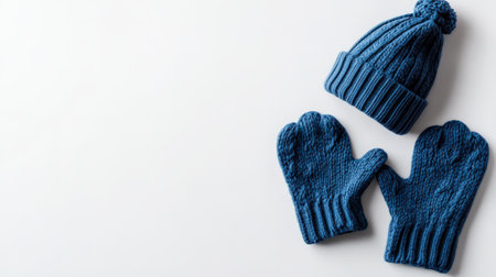 A pair of cozy woolen mittens and a beanie, isolated on a clean white background, ready for a winter getawayの素材