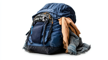 A traveler backpack with a winter jacket draped over it, isolated on a white backgroundの素材