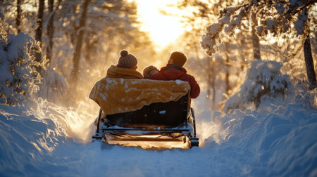 couple enjoying a sleigh ride through the snow, wrapped in blankets and dressed warmlyの素材