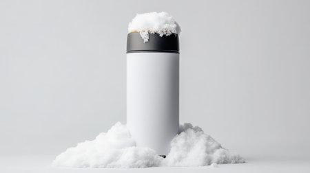 A warm thermos with fresh snow on it, isolated on a clean white background, perfect for winter adventureの素材