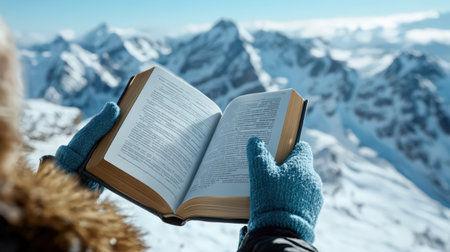 A tourist guidebook to a snowy destination, held by a traveler wearing winter gloves, isolated on whiteの素材