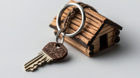 A cozy winter cabin keychain, isolated on a white background, representing winter tourism getawaysの素材