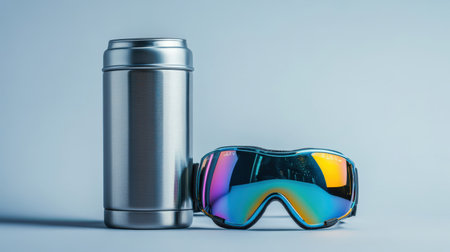 A warm thermos and a pair of ski goggles, isolated on a clean white background, ready for the slopesの素材