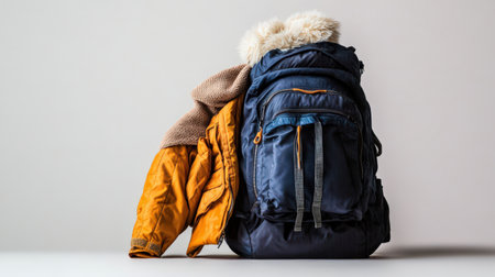 A traveler backpack with a winter jacket draped over it, isolated on a white backgroundの素材