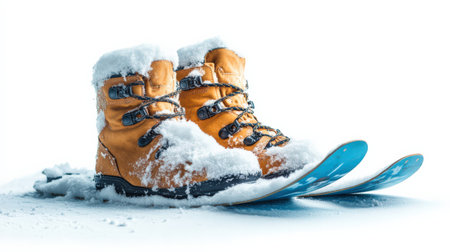 A snowboard propped up with snow-covered boots, isolated on a white background, ready for winter funの素材