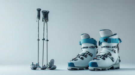 A set of ski poles and boots, isolated on a clean white background, perfect for winter tourismの素材
