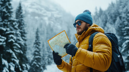 A tourist holding a snowy mountain resort map, isolated on a white background, ready for winter funの素材