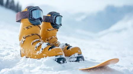 A snowboarder boots and board propped up against fresh snow, isolated on a white backgroundの素材