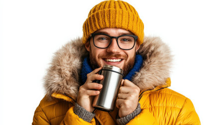 A traveler with a fluffy parka, holding a thermos and ready for winter exploration, isolated on whiteの素材