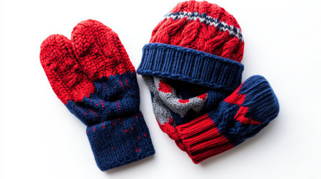 A cozy pair of winter mittens and a hat, isolated on a clean white background, ready for snowy daysの素材