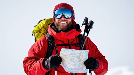 A skier holding a trail map and ski poles, isolated on a clean white background, ready for winter adventureの素材