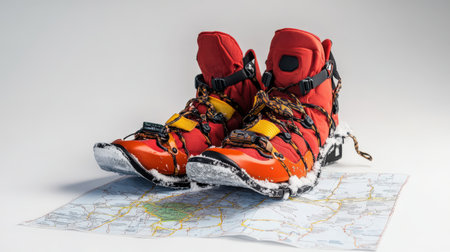 A pair of snowshoes leaning against a winter trail map, isolated on a white backgroundの素材