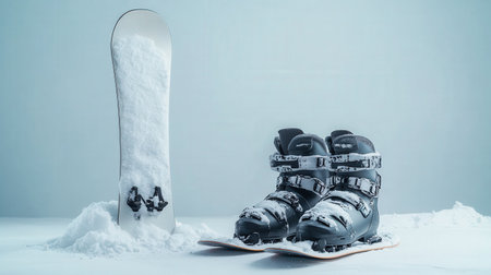 A snowboard propped up with snow-covered boots beside it, isolated on a white backgroundの素材