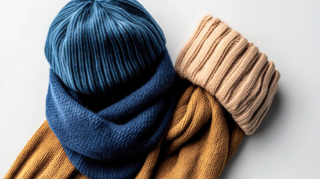 A cozy woolen scarf and hat, neatly folded and isolated on a white background, ready for cold-weather travelの素材