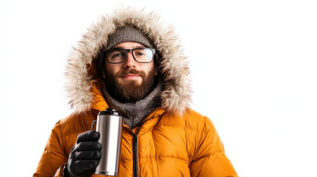 A traveler with a fluffy parka, holding a thermos and ready for winter exploration, isolated on whiteの素材