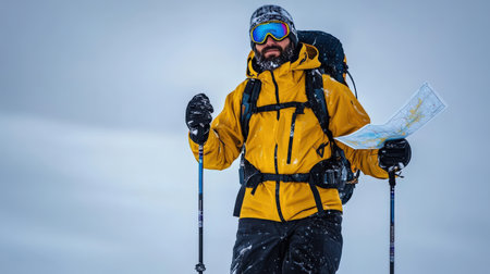 A skier holding a trail map and ski poles, isolated on a clean white background, ready for winter adventureの素材