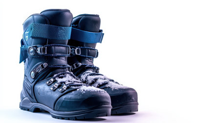 A pair of snowboarding boots propped up with snow on them, isolated on a white backgroundの素材