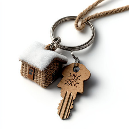 A cozy winter cabin rental key with a snowy keyring, isolated on a white background, perfect for winterの素材