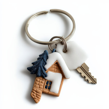 A cozy winter cabin rental key with a snowy keyring, isolated on a white background, perfect for winterの素材
