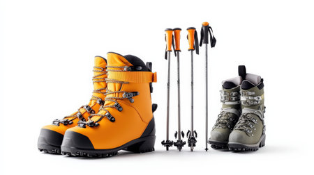 A set of ski poles and boots, isolated on a clean white background, perfect for winter tourismの素材