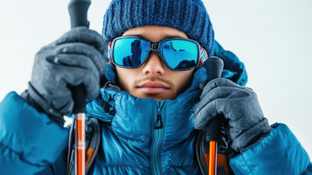 A traveler in a puffy jacket with ski poles, isolated on white, ready for a winter resort vacationの素材