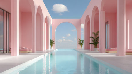 Swimming pool in modern hotel, 3d rendering. Computer digital drawing.の素材